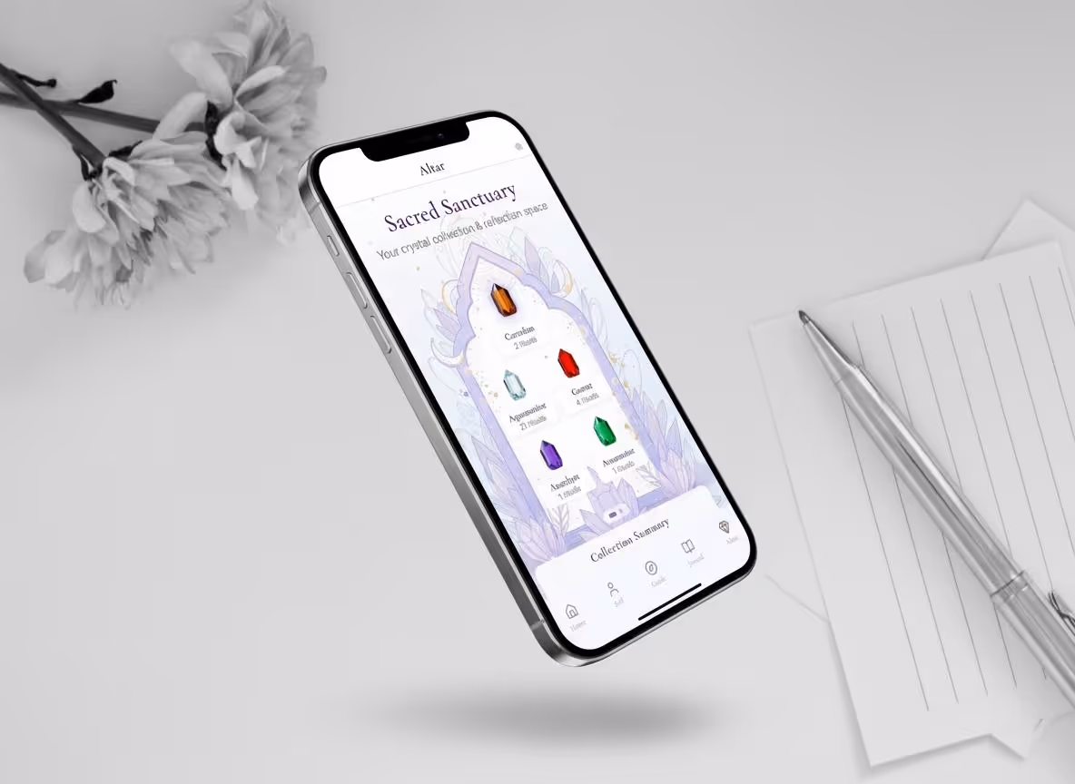 Crystal Ritual iOS meditation app shown on an iPhone