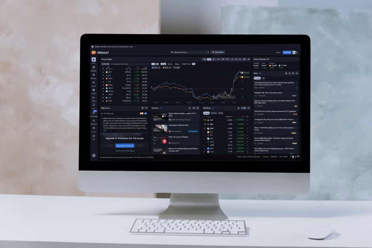 Messari Crypto News web application displayed on a MacBook screen