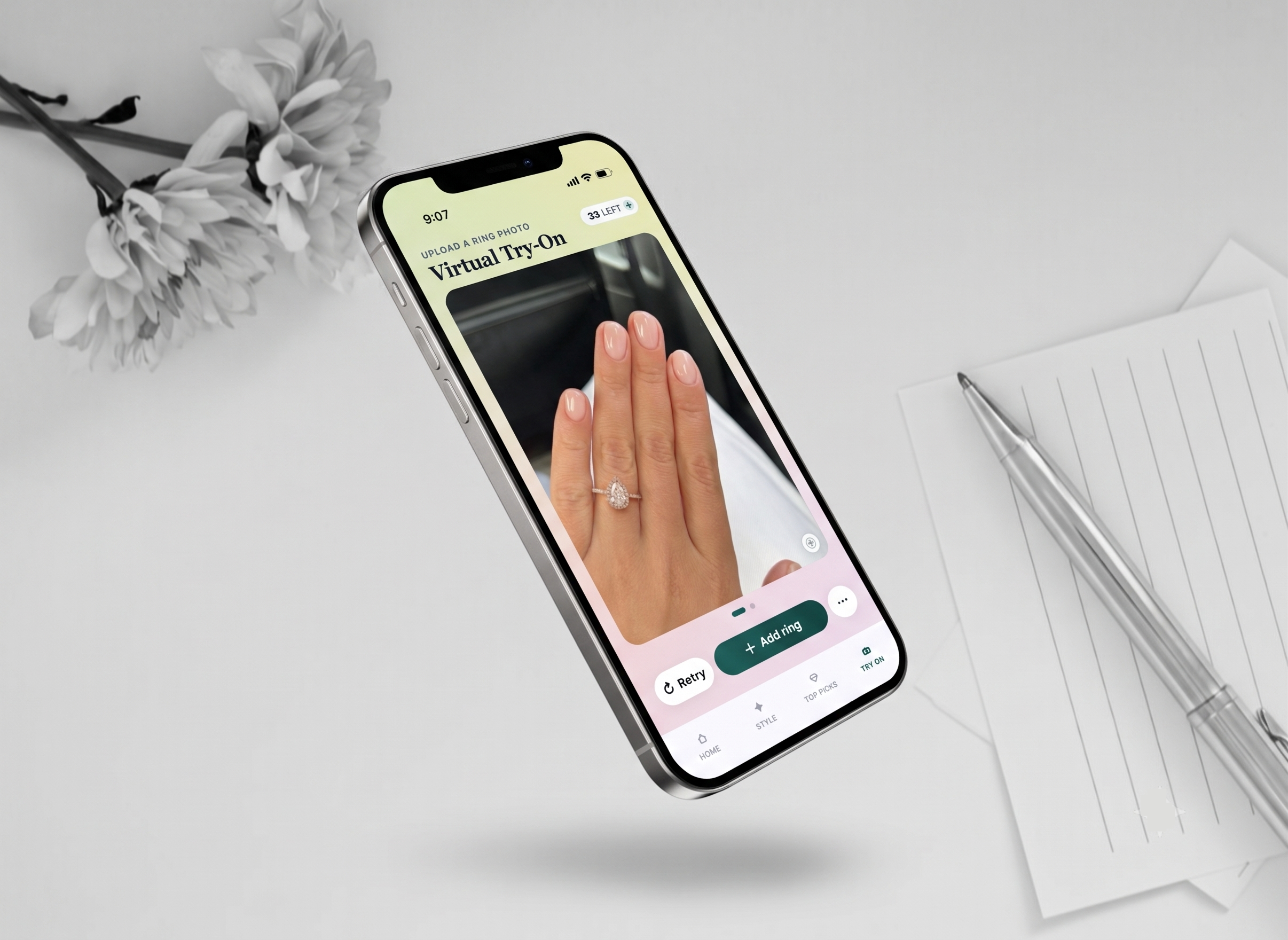 RingStyleFinder AI ring try-on app preview with mobile screens and generated ring imagery